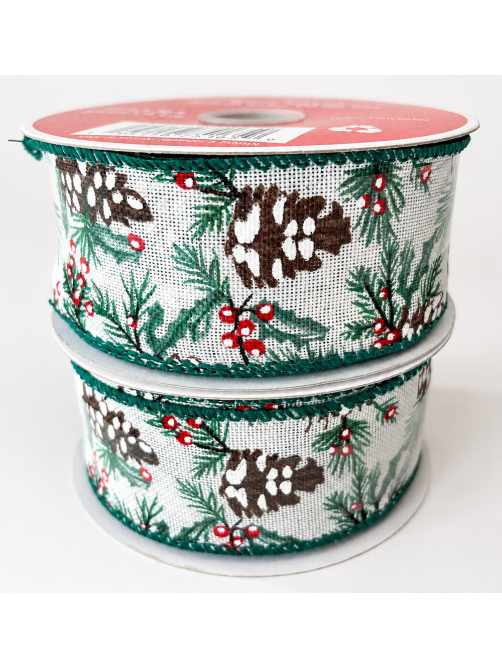 Celebrate It Christmas Wired Ribbon 1.5" Pinecone Holly Berry Lot of 2 x 30 ft